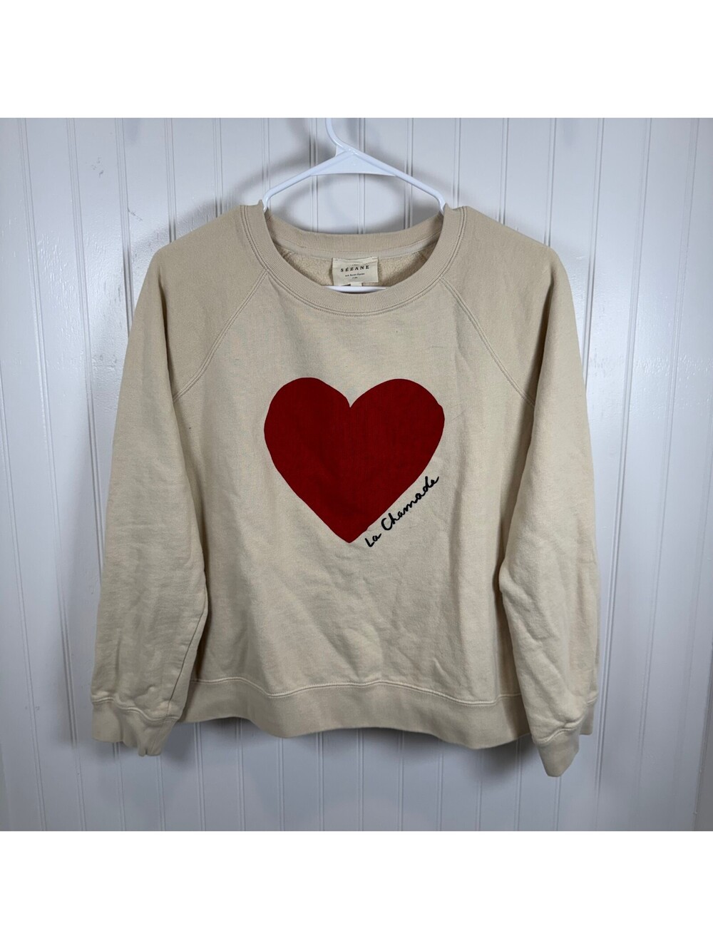 Sézane La Chamade Heart Graphic Sweatshirt Medium Cream France Organic Cotton M